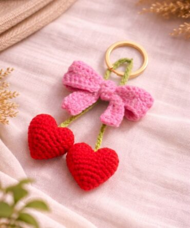 Crochet Heart with Bow Keychain