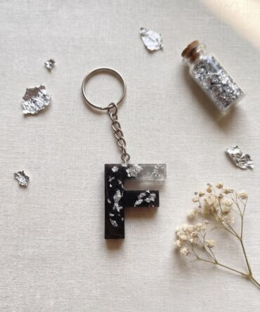 Black Silver Initials Resin Keychain