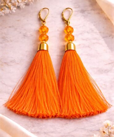 Orange Beaded Tassle Earrings With Cap