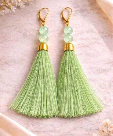 Green Beaded Tassle Earrings With Cap